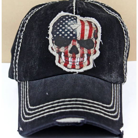 BLACK DISTRESSED FABRIC APPLIQUE AMERICAN SKULL CAP - Picture 1 of 4